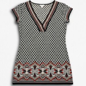 Unbranded Geometric Honeycomb Print V-Neck Tunic Top White Medallion Border